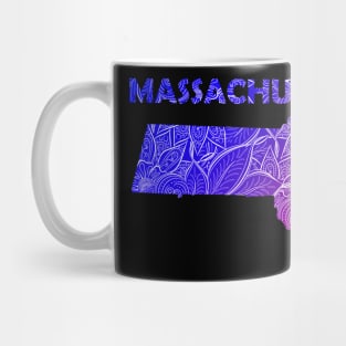 Colorful mandala art map of Massachusetts with text in blue and violet Mug